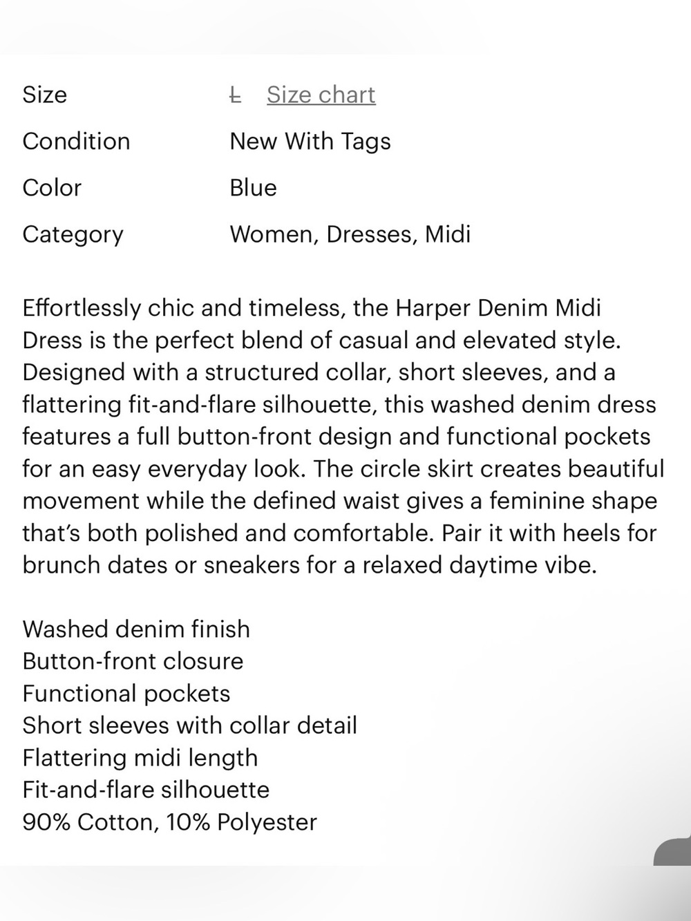 NWT Harper Blue Denim Button-Front Midi Dress L - Picture 6 of 6